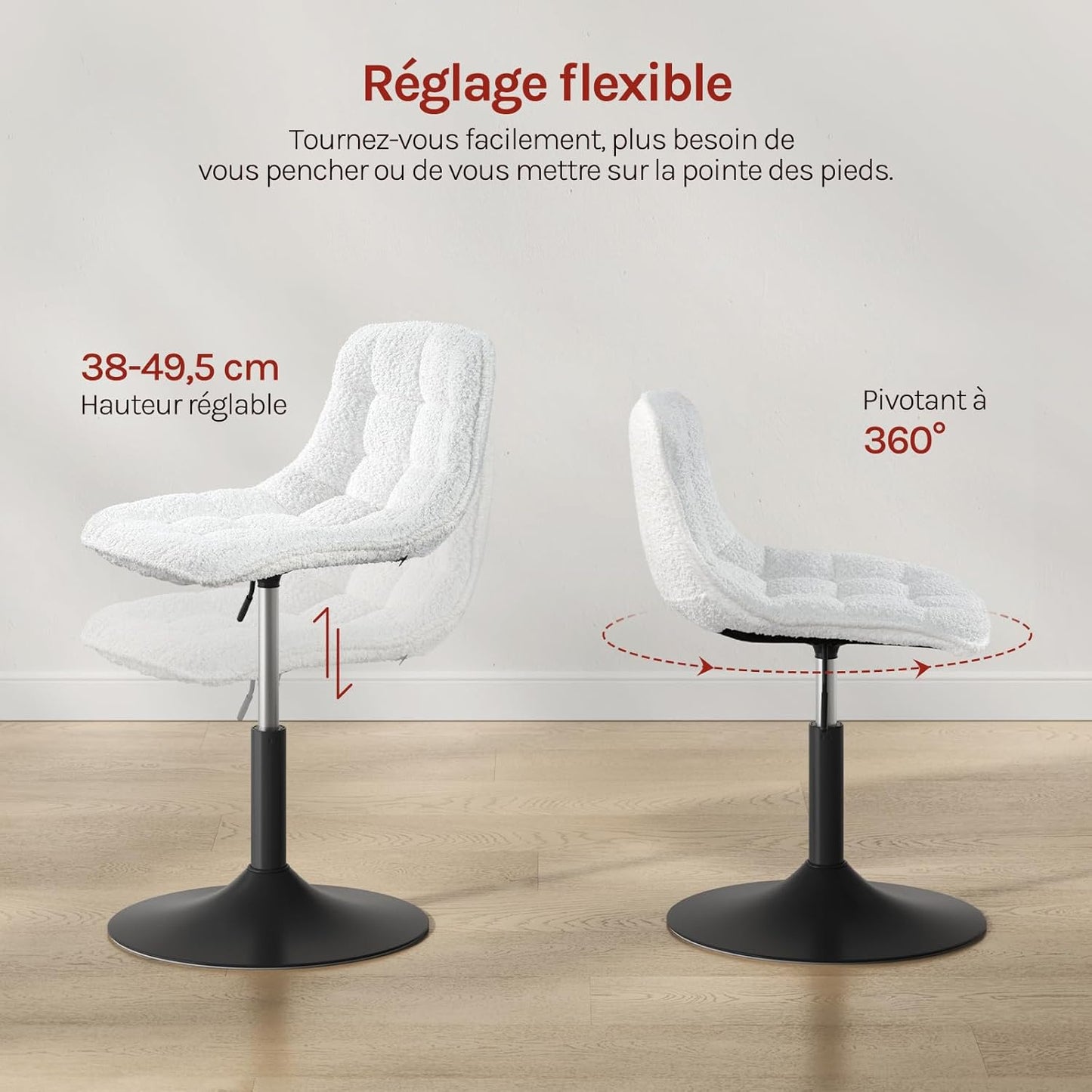 Woltu Verstelbare Chenille Kaptafelstoel met Rugleuning - Draaibaar - Wit - 42,5 x 35 x 72 cm