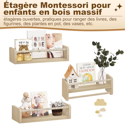 Woltu Kinder Wandplank Set van 3 - Massief Hout - 40 cm - Met Houten Kralen - Veilig en Praktisch