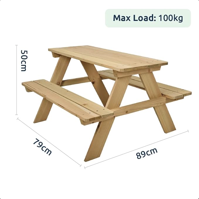 Idooka Houten Picknicktafel Voor Kinderen – Voorzien Van FSC Gecertificeerd Dennenhout En Hoge Draagcapaciteit Tot Honderd Kilo En Inclusief Duidelijke Instructies – Voor Tuin En Balkon – Natuurlijk Dennenhout – 89 x 79 x 50 cm