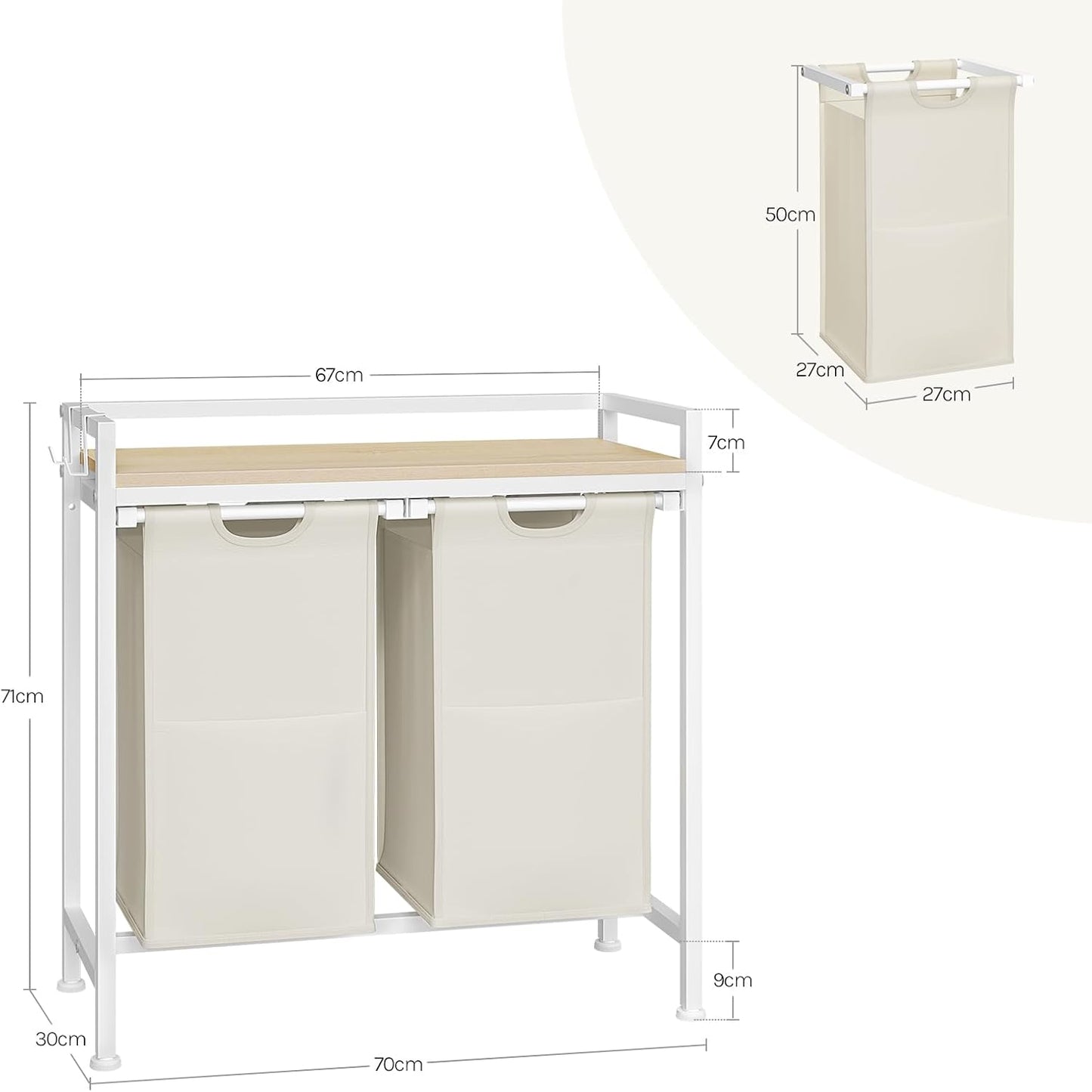 Woltu Wasmand met 2 Vakken en Opbergplank - 80L Inhoud - Uittrekbare & Uitneembare Waszakken - Wit/Licht Eiken - 70 x 30 x 71 cm
