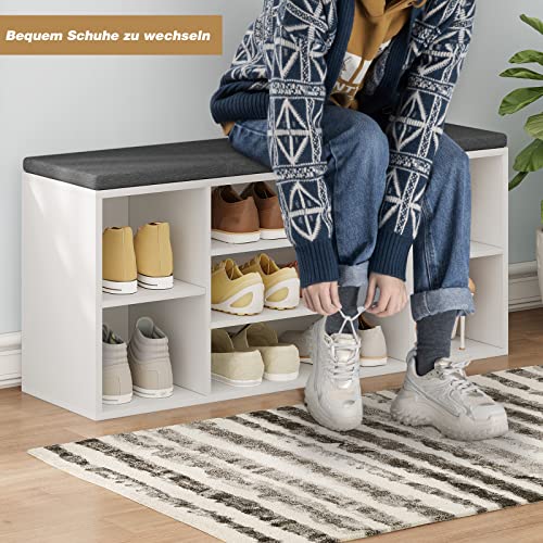 Woltu Schoenenbank met 7 Vakken - Houten Schoenenrek met Zitting en Kussen - Wit met Grijs - 103,5 x 48 x 30 cm