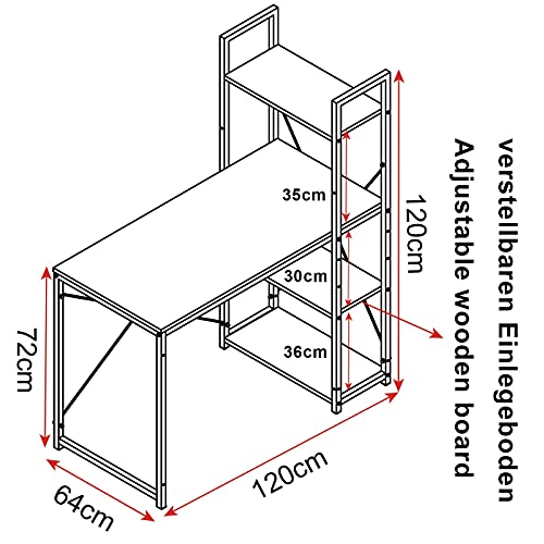 Woltu Computertafel Licht Eiken + Wit met 4 Opbergrekken - Ruime Werkplek 120x64 cm