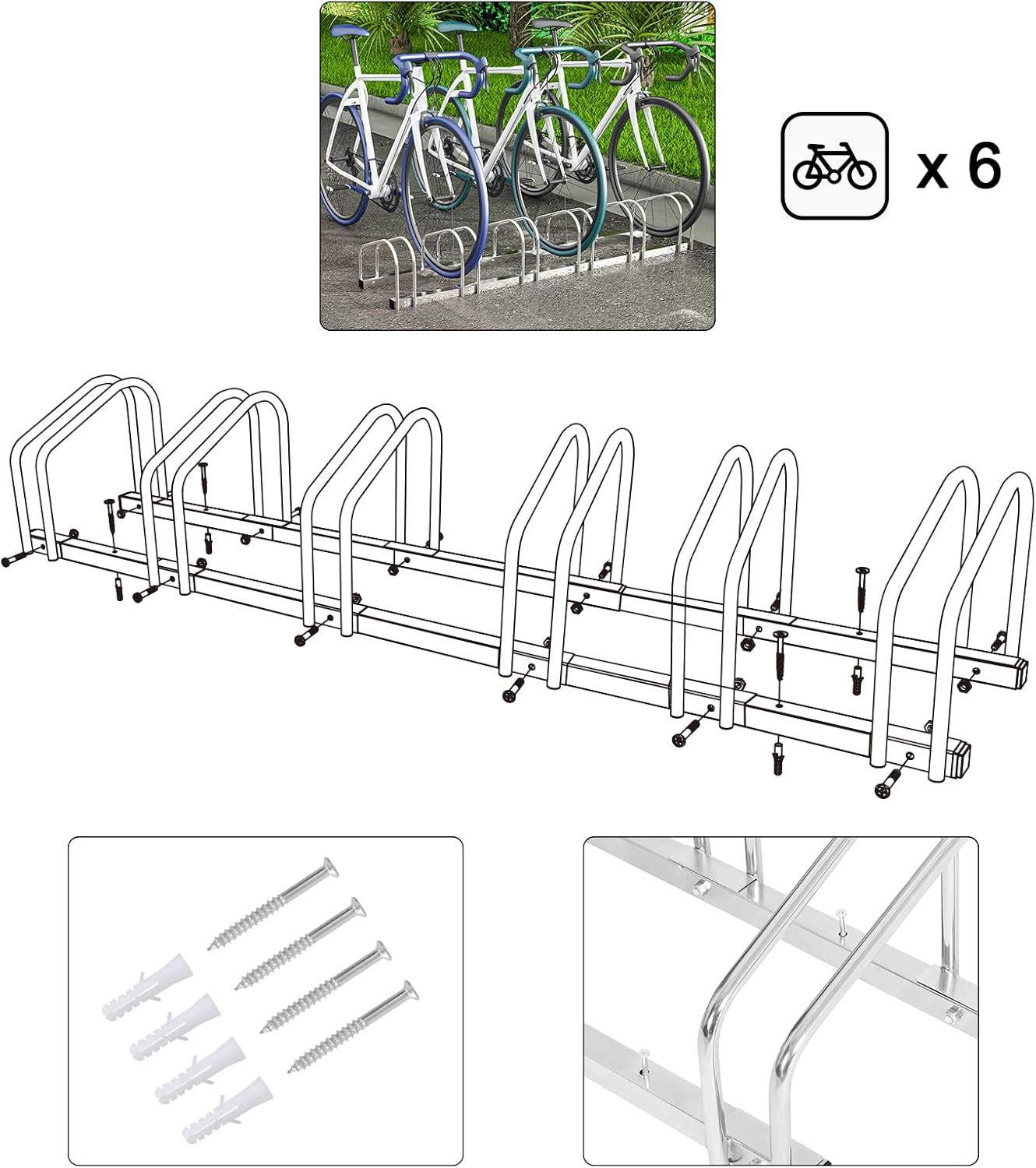 Woltu Fietsenrek voor 6 Fietsen - Vloer- of Wandmontage - Verzinkt Metaal - Zilver - 160,5 x 32 x 27 cm