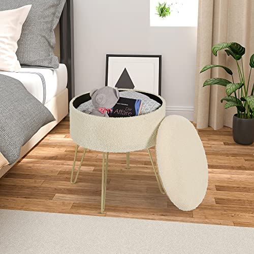 Woltu Opbergkruk Rond - Crème Wit - Ø39 x 44 cm - Stijlvolle Poef met Opbergruimte
