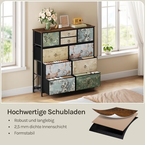 Woltu Ladekast met 10 Lades Vintage Bloemenmotief - Bruin - 100 x 100 x 30 cm