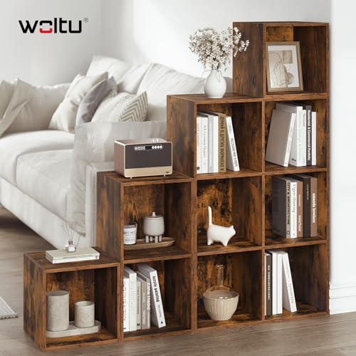 Woltu Boekenkast met 10 Vakken - Roomdivider en Trapplank - Rustiek Bruin - 120 x 120 x 30 cm