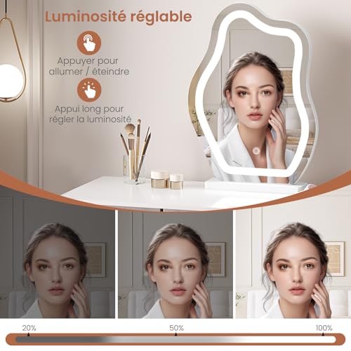 Woltu Onregelmatige Wolkvormige Make-up Spiegel - LED Verlichting met 3 Lichtstanden - Verstelbare Helderheid - 40 x 54 cm - Wit