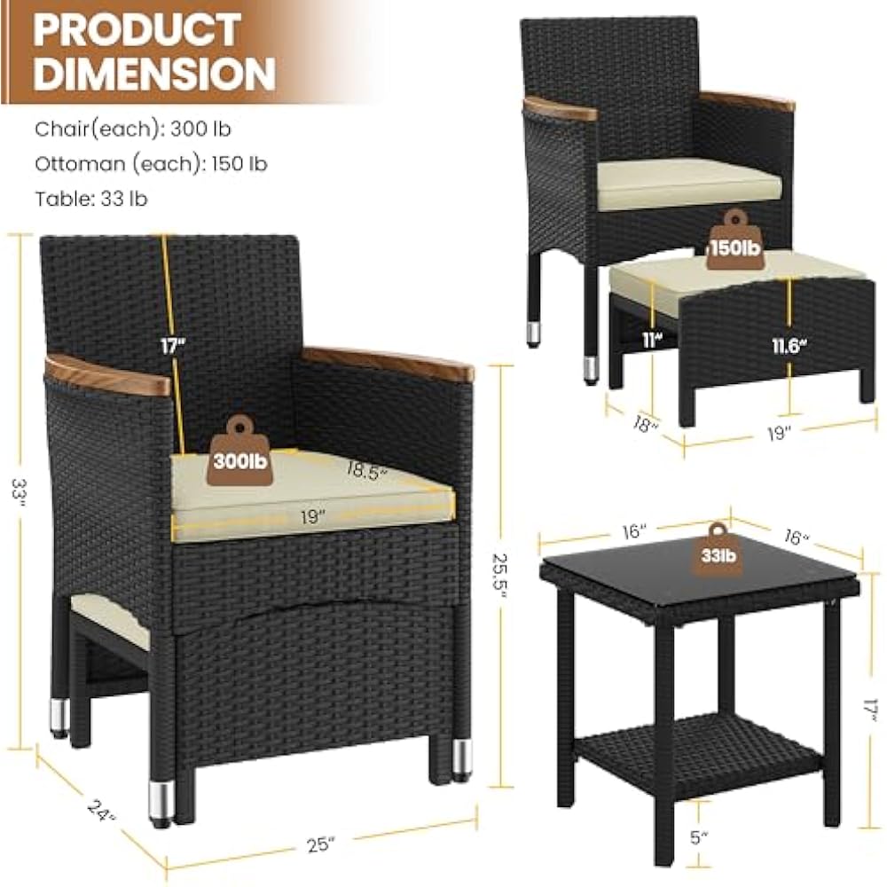 Yaheetech 5-Delige Loungeset Zwart/Beige – PE Rotan – Stoel 62 x 61,5 x 84,5 cm – Met Tafel en Voetenbanken