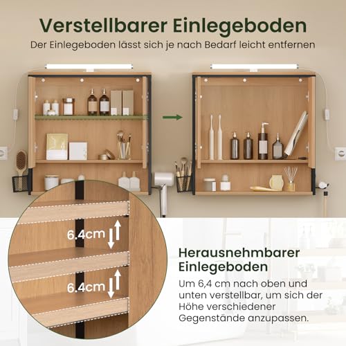 Eugad Badkamerkast met Spiegel en Verlichting Zwart Licht Eiken 70x70x14,5 cm
