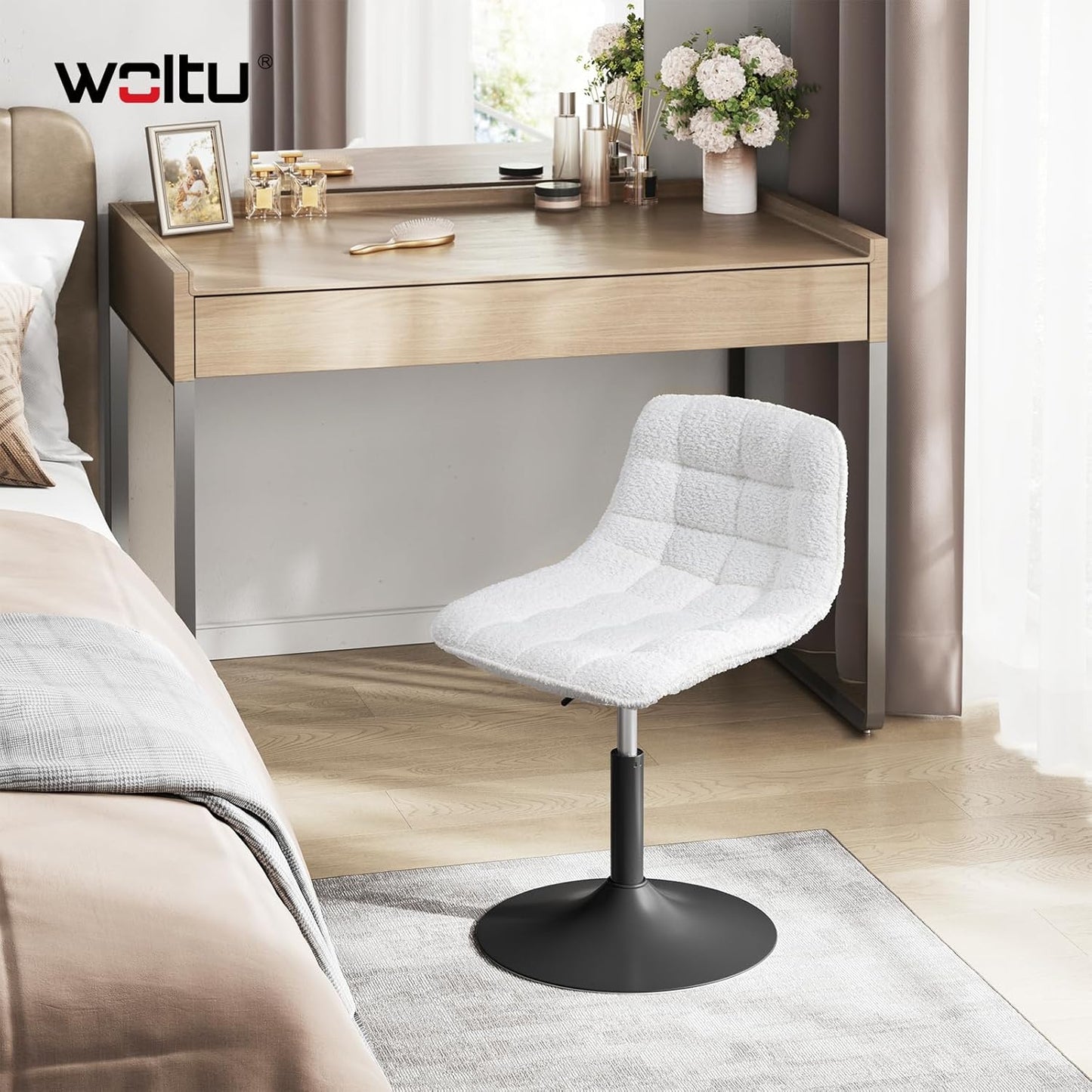 Woltu Verstelbare Chenille Kaptafelstoel met Rugleuning - Draaibaar - Wit - 42,5 x 35 x 72 cm
