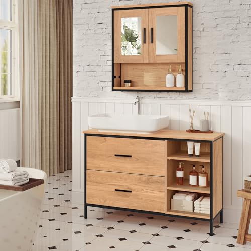Eugad Badkamerkast met 2 Lades en 3 Open Vakken Licht Eiken - Zwart 90 x 30 x 60 cm