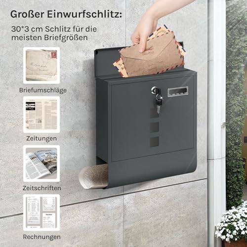 Woltu Brievenbus met Krantenvak - Antraciet - 10 x 30,8 x 33,8 cm