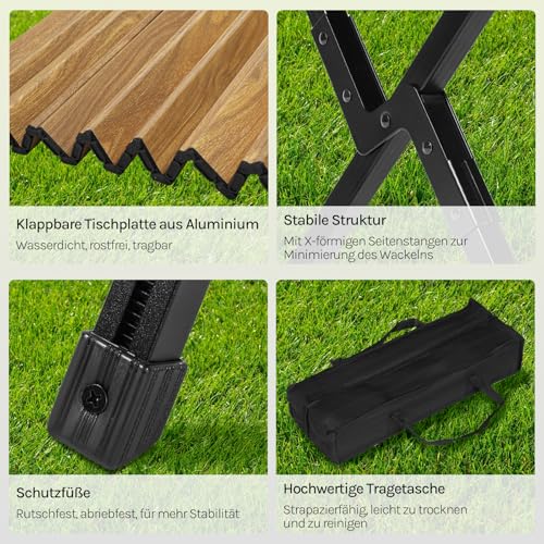 Woltu Opvouwbare Campingtafel - Aluminium - Houtkleurig - 90 x 60 cm - Verstelbare Hoogte