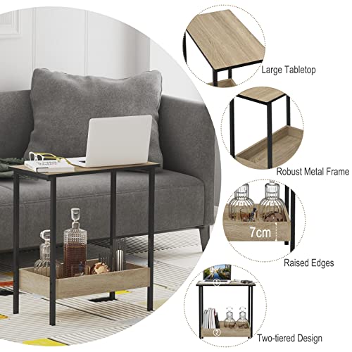 Woltu Salontafel met 2 Planken - Zwart Metaal en Licht Eiken - 50 x 55 x 25 cm