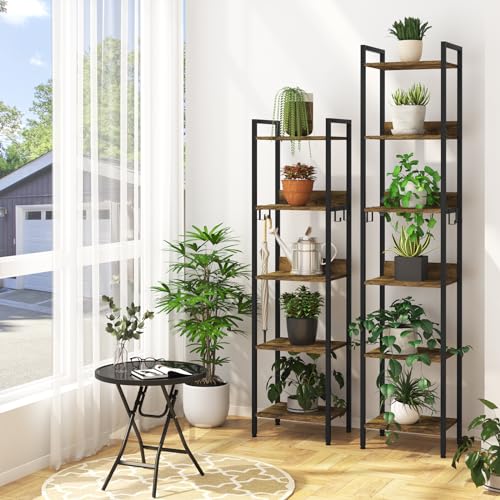 Woltu Industriële Boekenkast 6 Planken met 4 Verwijderbare Haken - Zwart Metaal en Donker Eiken - 40 x 30 x 187 cm