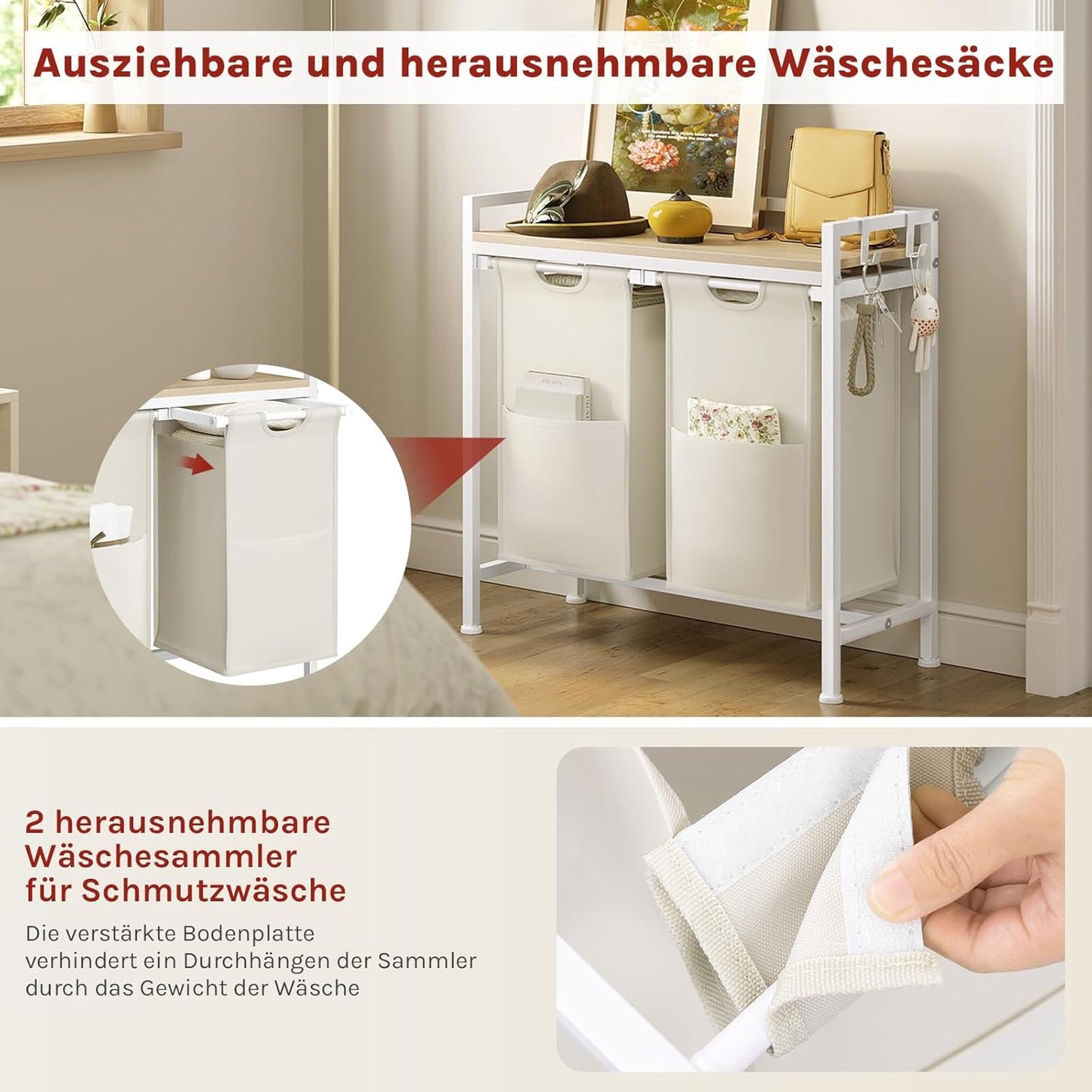 Woltu Wasmand met 2 Vakken en Opbergplank - 80L Inhoud - Uittrekbare & Uitneembare Waszakken - Wit/Licht Eiken - 70 x 30 x 71 cm