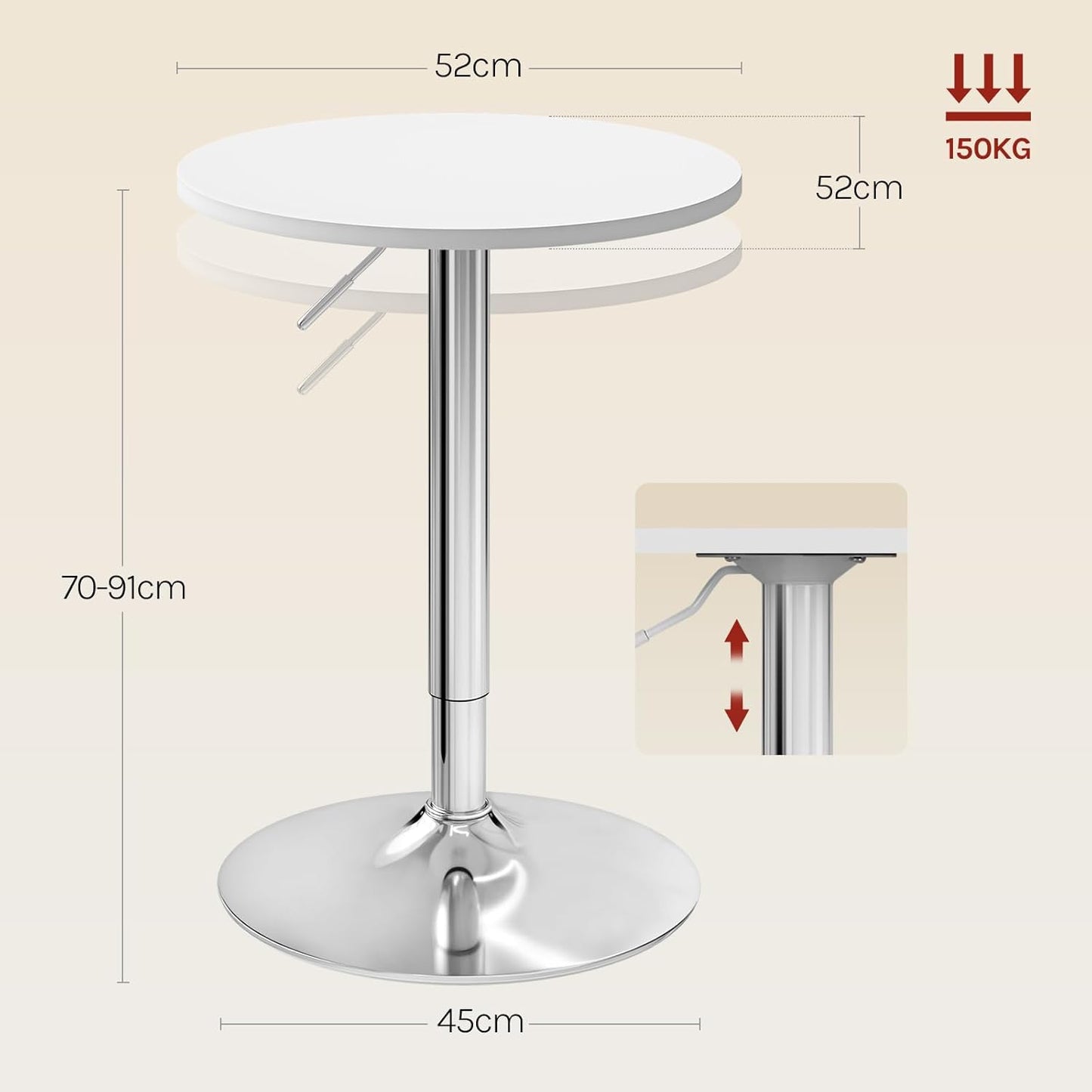 WOLTU Verstelbare Bartafel - Ø52 cm - 70-91 cm Hoog - Draaibaar - Chroomvoet Ø45 cm