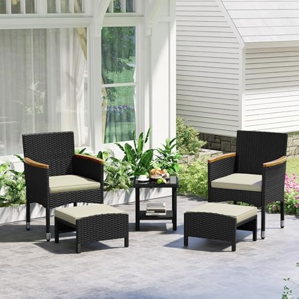 Yaheetech 5-Delige Loungeset Zwart/Beige – PE Rotan – Stoel 62 x 61,5 x 84,5 cm – Met Tafel en Voetenbanken
