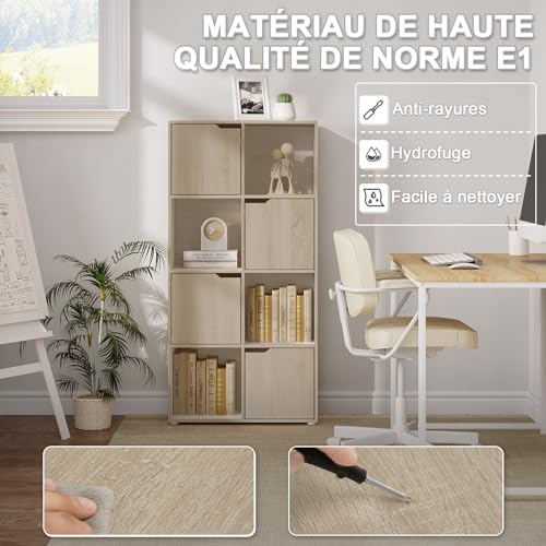 Woltu Boekenkast SK039hei - Opbergkast met 8 Vakken en 4 Deuren - Spaanplaat Licht Eiken - 60x30x120 cm