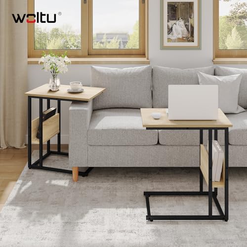 Woltu Bijzettafel voor Bank - Eikenhout en Zwart IJzeren Frame - 55x36x59,5 cm