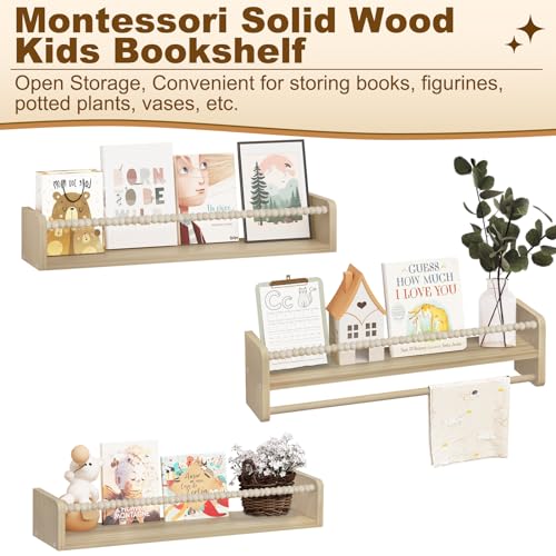 Woltu Montessori Wandplanken voor Kinderkamer 60 cm Natuurlijk Hout Set van 3