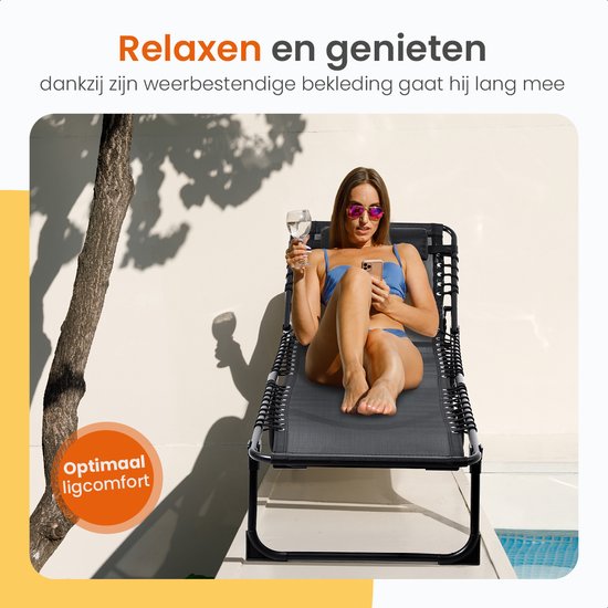Goliving Ligbed - 5 Standen - 188 x 56 x 29 cm - Inklapbaar Zonnebed - Opvouwbaar Strandbed - Ligstoel Tuin - Inclusief Hoofdkussen - Verstelbare Rugleuning - Zwart