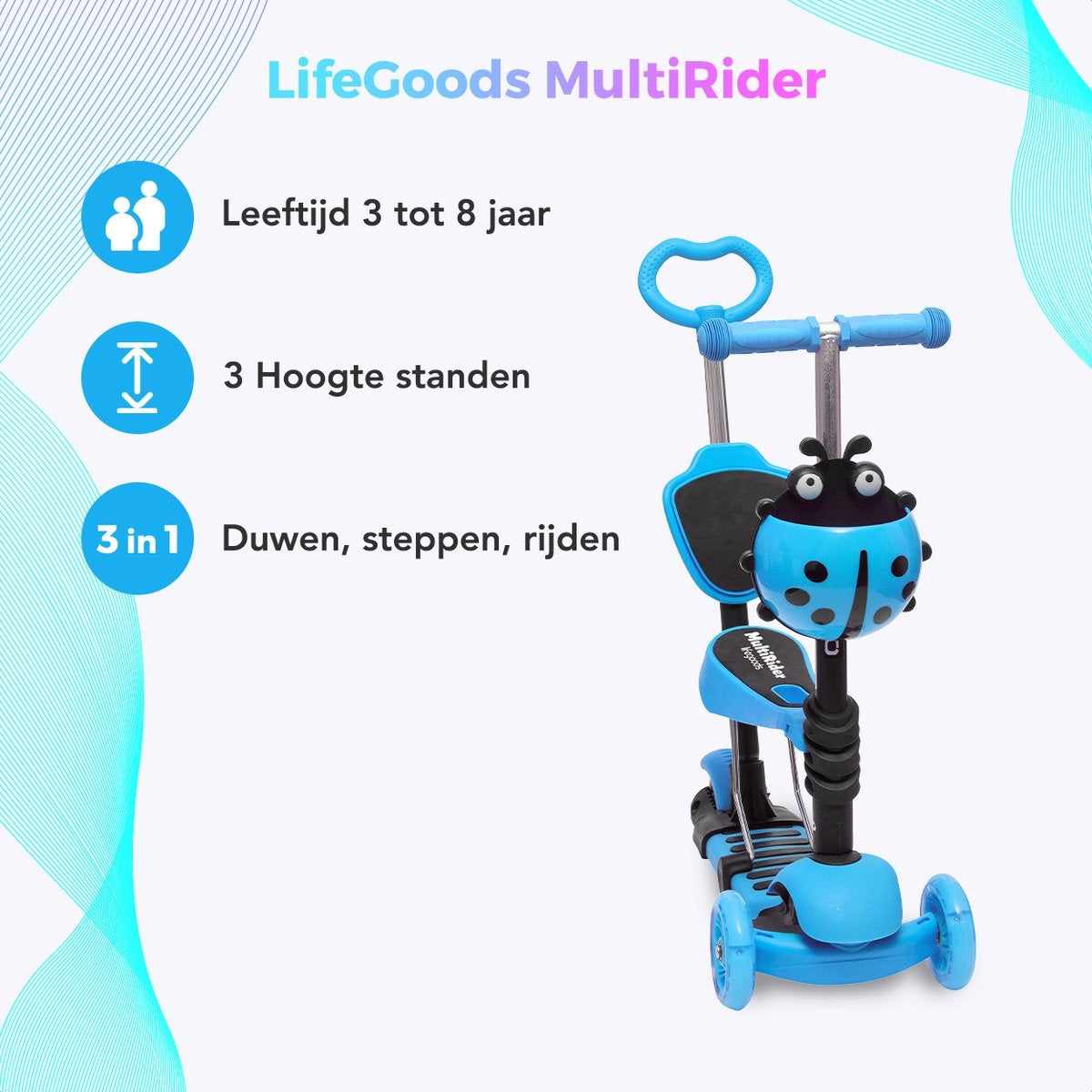LifeGoods MultiRider - Kinderstep met Duwstang - 3 tot 8 Jaar - Jongens/Meisjes - 2 Lichtgevende Wielen - Blauw