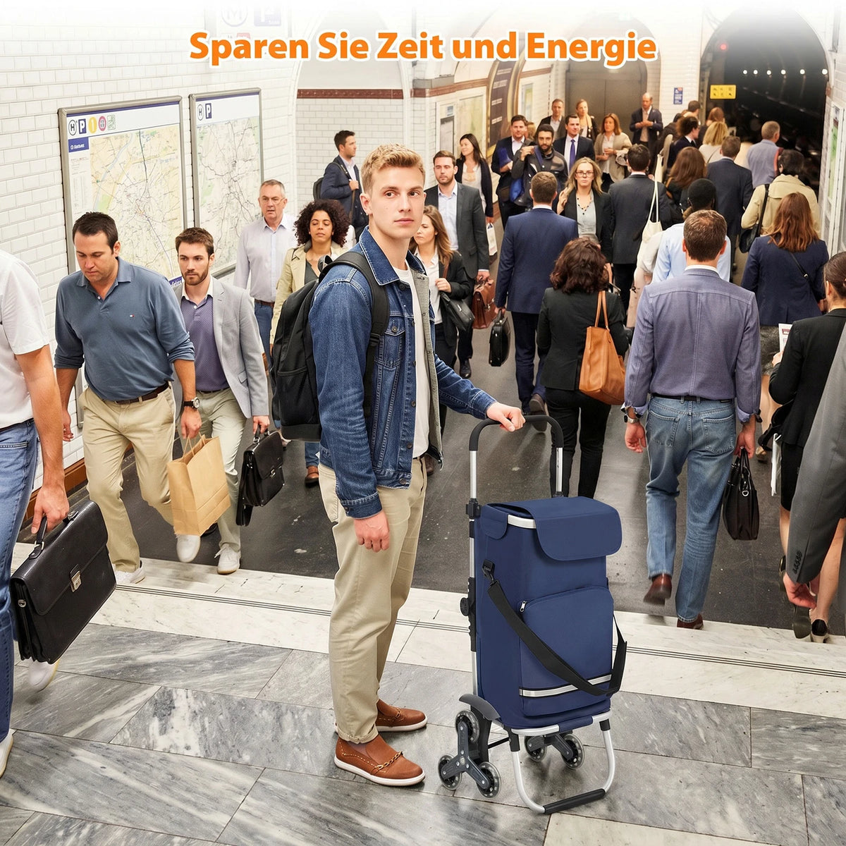 Opvouwbare Boodschappentrolley Traploper 60 L - 3-in-1 met Koelvak en 6 Wielen - Aluminium Frame - Blauw - 36 x 42 x 98 cm