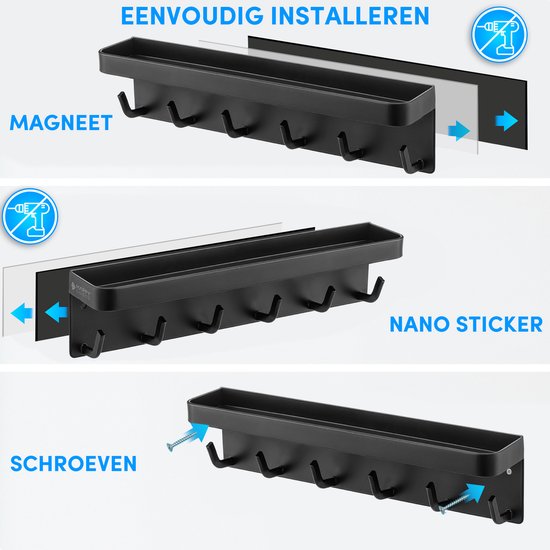 Happy Goods® - Sleutelrekje - sleutelhouder - zelfklevend, magnetisch en schroefjes - RVS - Zwart