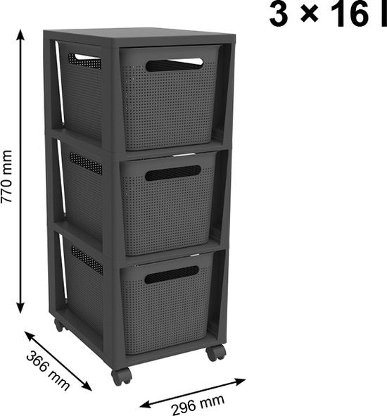 Rotho Tower Brisen - Ladekast 3 x 16L met wieltjes - Antraciet