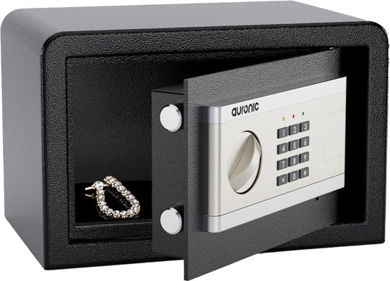 Auronic Elektronische Kluis - Cijferslot - Sleutel - Muurbevestiging - 4,3cm Deur - 130dB Alarm - 8L - 31x20x20cm - 4,5KG - Staal - Zwart