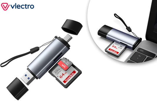 Vlectro Geheugenkaartlezer 6 x 2,5 x 1 cm – Aluminium Grijs – USB-C, USB 3.0 & Micro USB