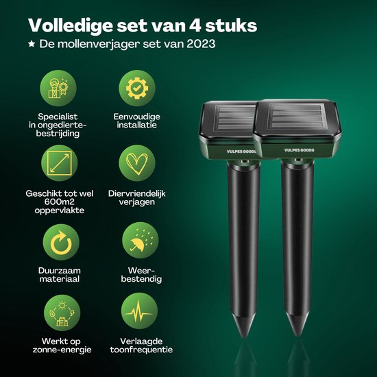Vulpes Goods® Verjager - Mollenverjager - 4 stuks - Muizenverjager - Mollenbestrijding - Werkt op zonne-energie - Waterdicht - Diervriendelijk - Strakke tuin, gazon of perceel!