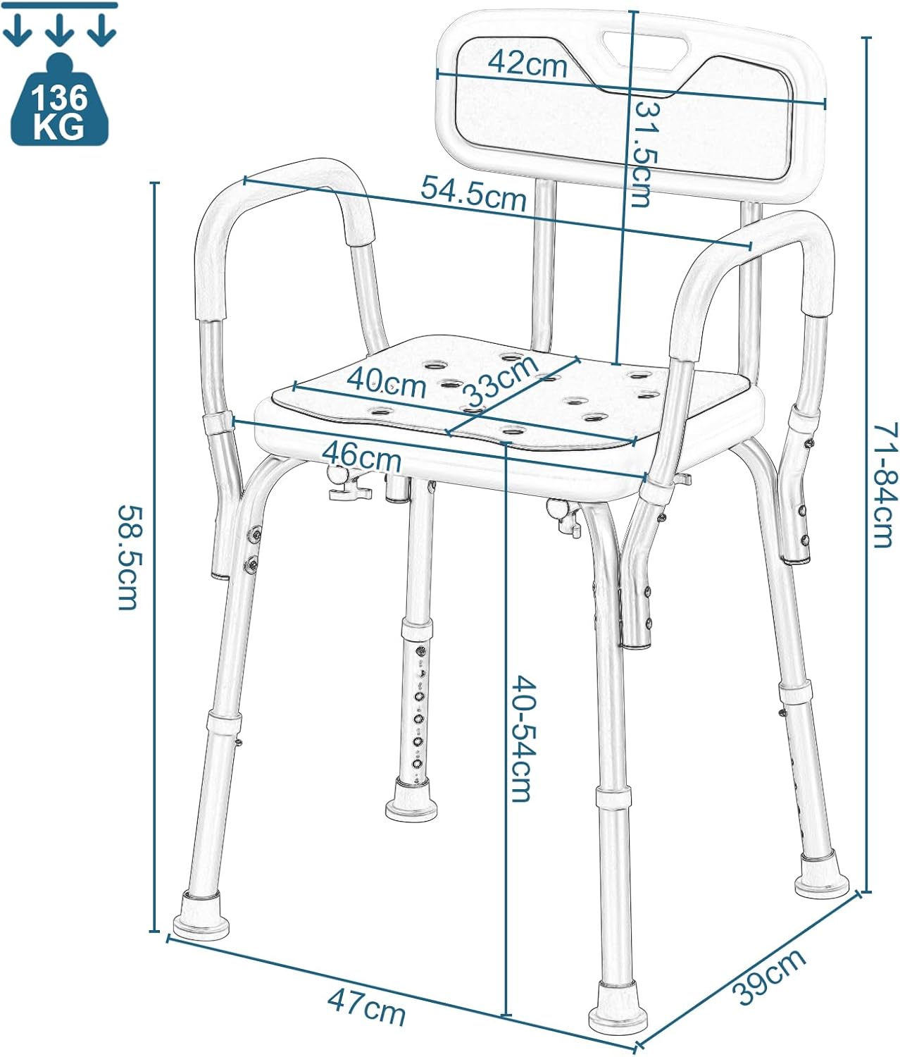 Eugad Douchestoel - Max. 130 kg - In hoogte verstelbaar - 47 x 39 x 84 cm - Blauw / Wit