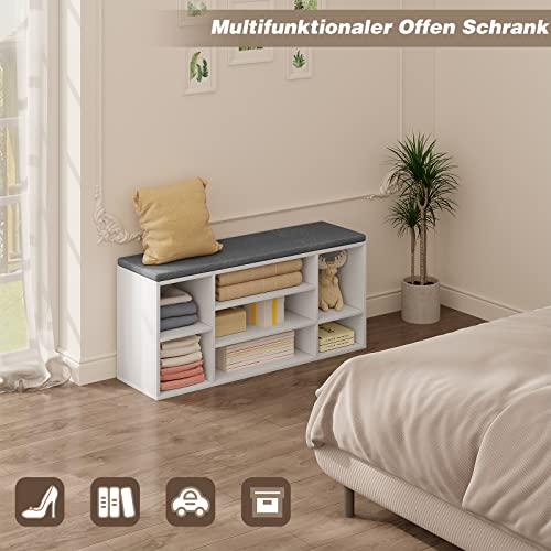 Woltu Schoenenbank met 7 Vakken - Houten Schoenenrek met Zitting en Kussen - Wit met Grijs - 103,5 x 48 x 30 cm