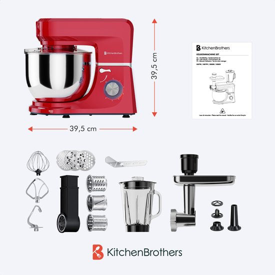 KitchenBrothers Keukenmachine - 6-in-1 Keukenrobot - 1500W - Met Gehaktmolen, Blender en 15 Accessoires - 6,2L RVS Kom - Rood