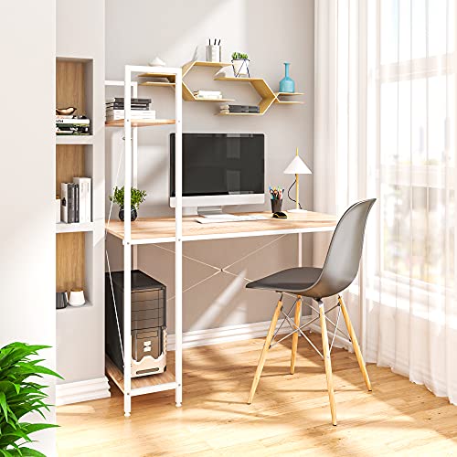 Woltu Computertafel Licht Eiken + Wit met 4 Opbergrekken - Ruime Werkplek 120x64 cm