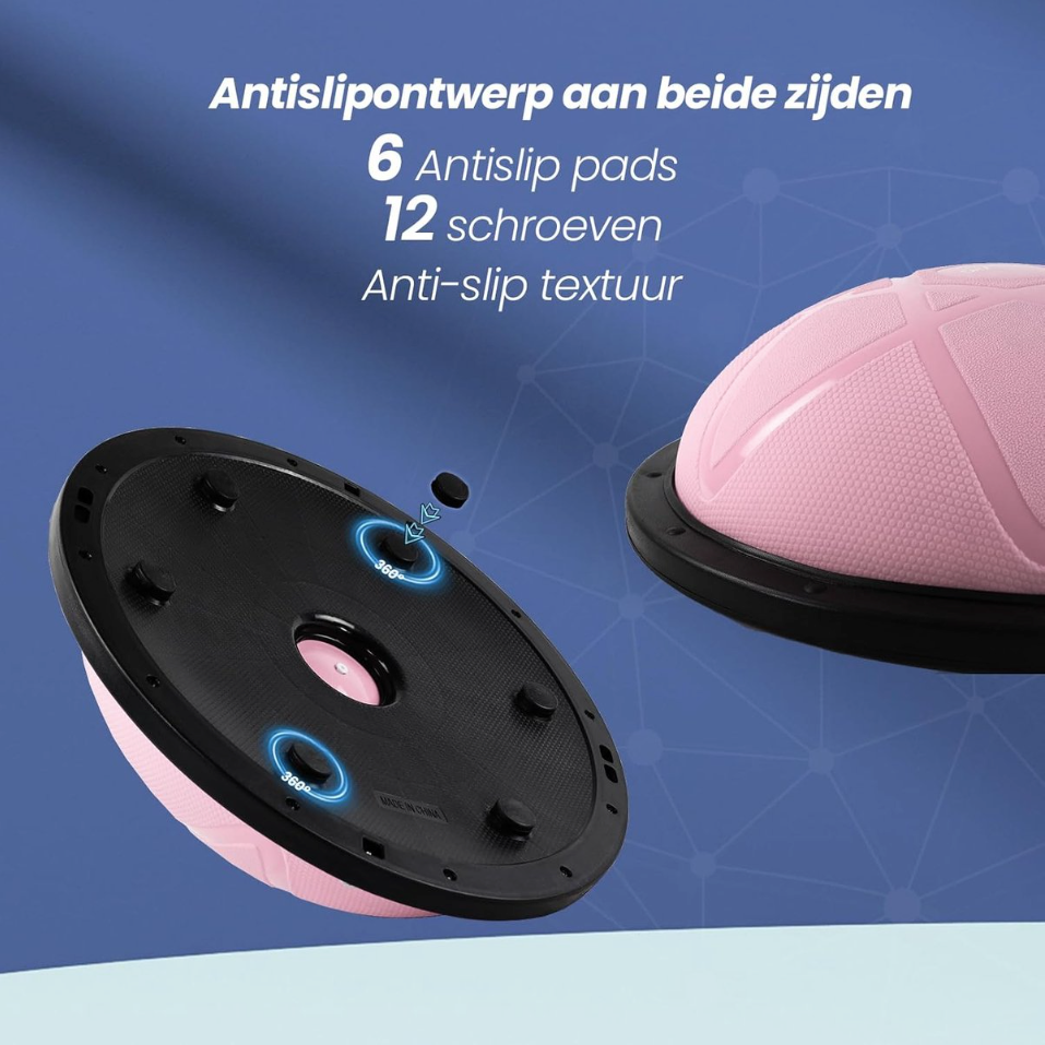 DH FitLife Balansbal – Yoga Balanstrainer Ø60 x 22 cm – Tot 200 kg Belastbaar – Halve Gymbal / Fitness Balance Board – Inclusief Pomp & 2 Fitnessbanden – Roze