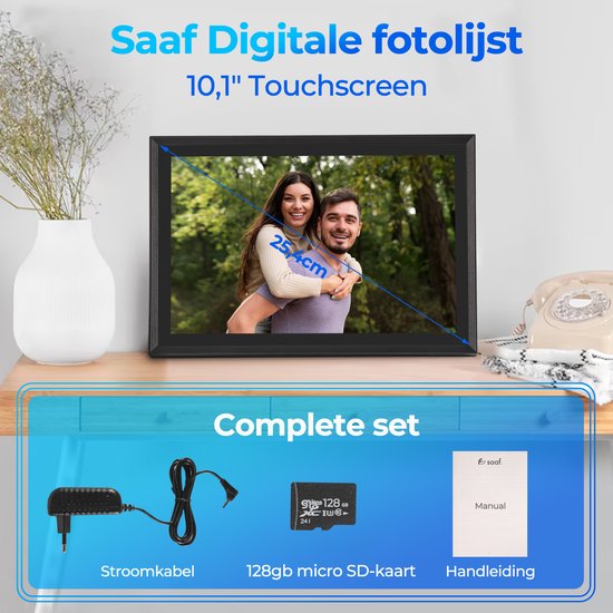 Digitale Fotolijst met Wifi - 10,1" Touchscreen & 160GB - met App - Digitale Fotokader - Zwart - van Saaf