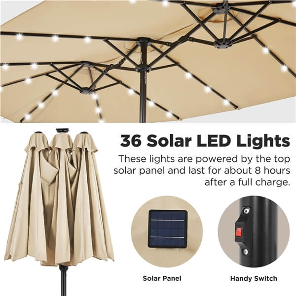 Yaheetech Dubbele Terrasparasol 15 ft - 36 Solar LED - Inclusief Basis/Zandzakken