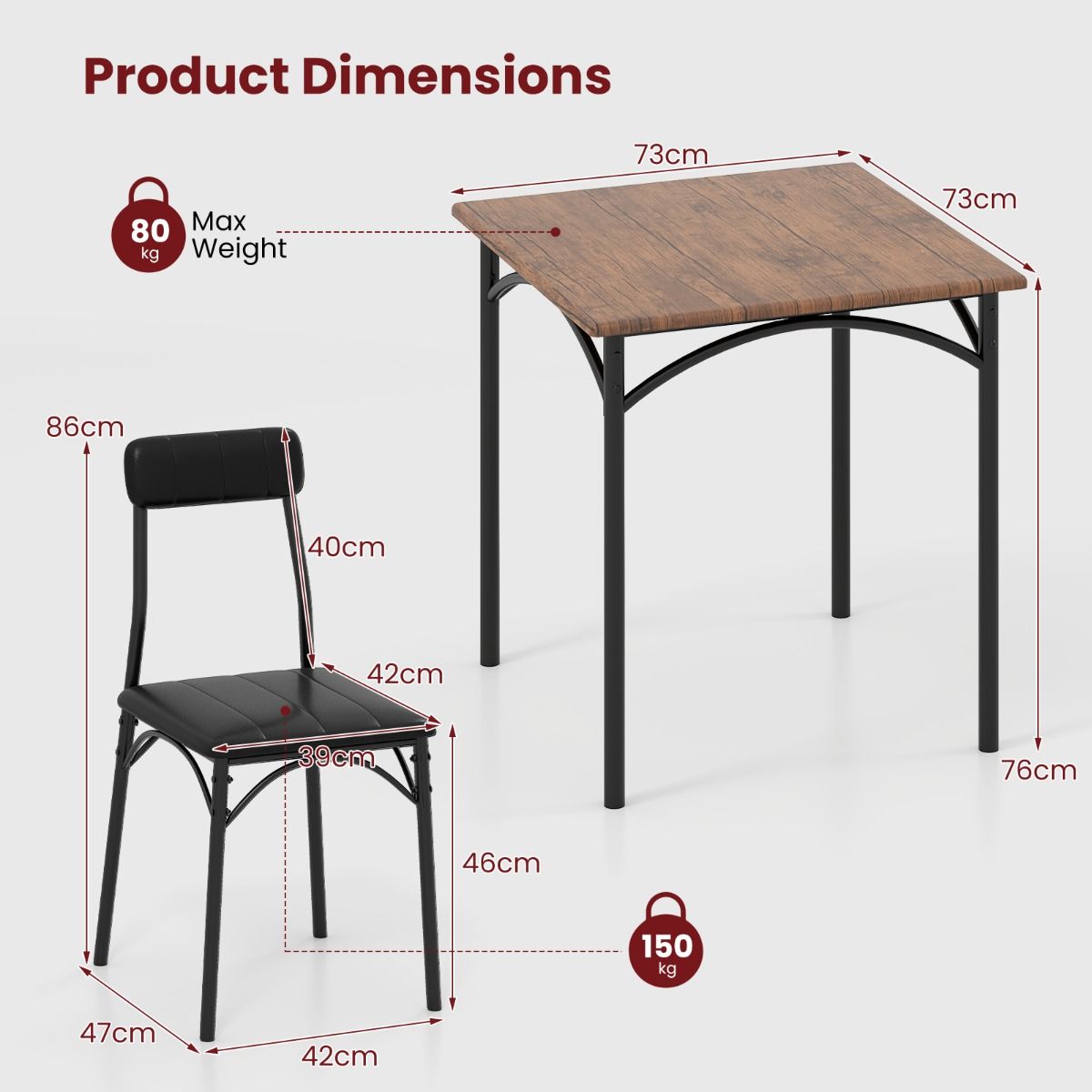 Coast Eethoekset - vierkante tafel met 2 stoelen - kunstleer bekleding - zwart en rustiek bruin
