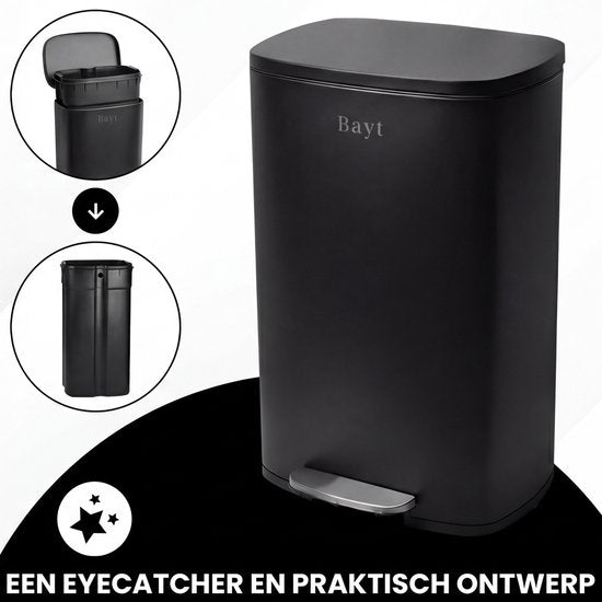 Bayt Pedaalemmer - Prullenbak - Vuilnisbak 50 Liter - Prullenbak Afvalscheiding - Afvalbak- RVS - Zwart