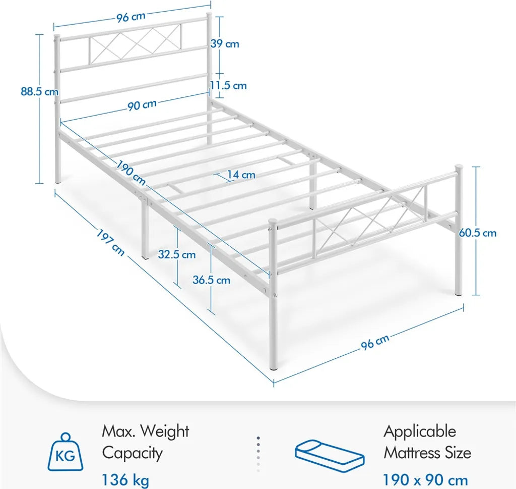 Yaheetech Bedframe 90 × 190 cm – Wit Metaal – Eenpersoonsbed met X-Design Hoofdbord, Lattenbodem en 32,5 cm Opbergruimte