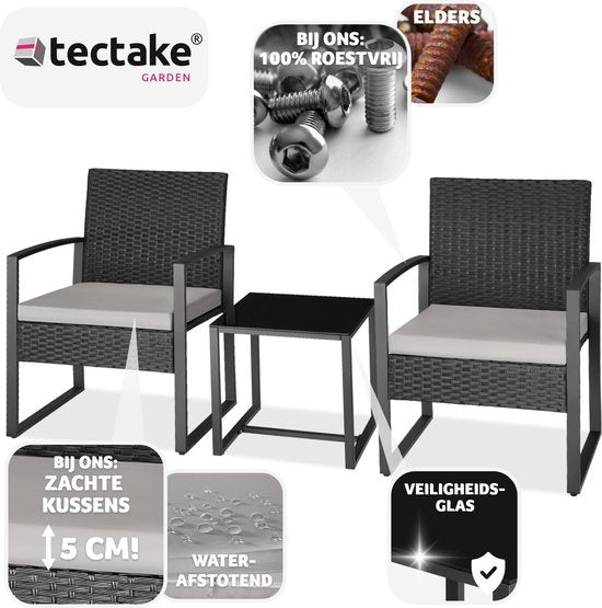 tectake® - wicker zitgroep 2x fauteuils met tafel, balkonmeubelset, tuinmeubelen, balkonmeubilair, kleine lounge, gestoffeerde stoelen inclusief buitentuintafel, weerbestendig - zwart - poly-rattan