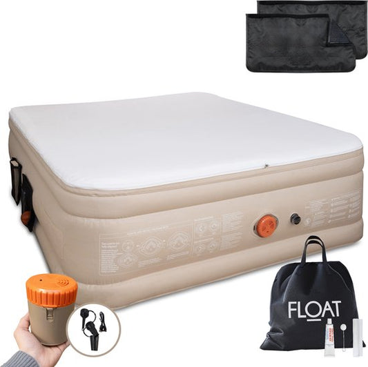 FLOAT CloudSpring - 2 Persoons luchtbed met (5 cm) Foam Topper - <3 min snel opgeblazen - Inclusief 2 opbergzakken, draagtas en reparatiekit - 203x152x46 cm - Zelfopblazend Twee persoons luchtmatras - Ingebouwde elektrische pomp - Stevig Logeerbed
