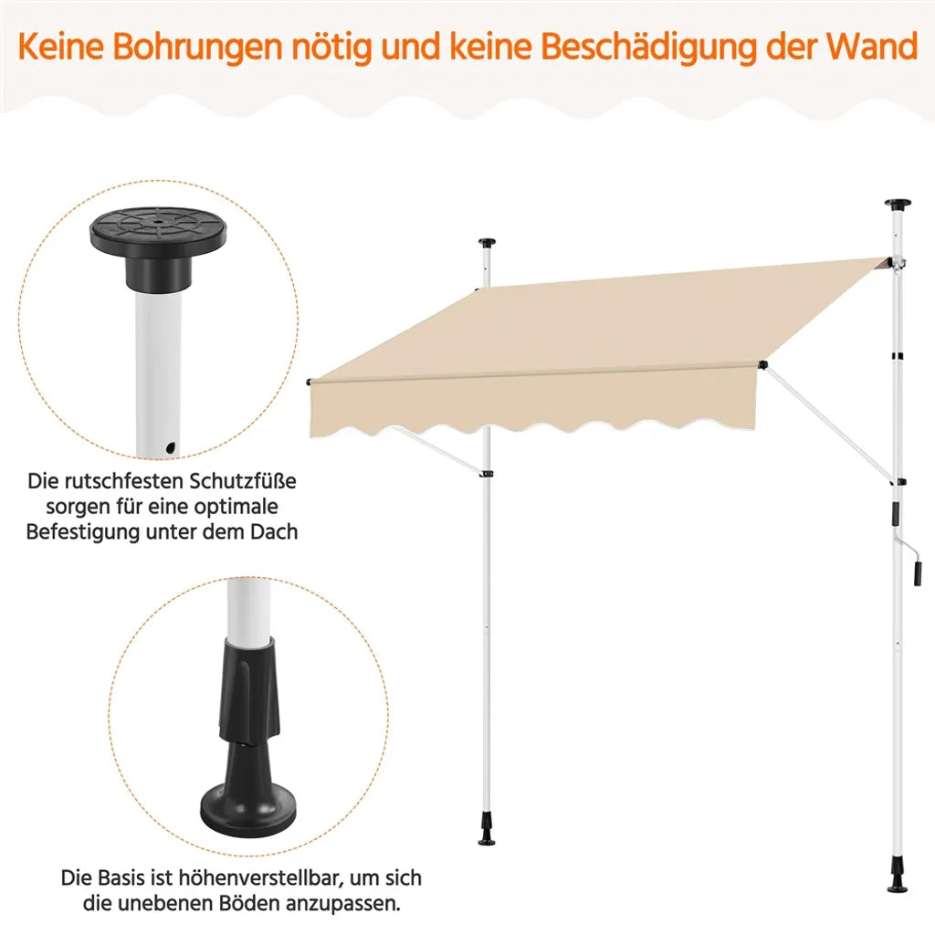 Yaheetech Balkon Zonnescherm 200 × 180 cm – Beige – Klemzonwering zonder Boren met Handzwengel en Verstelbare Hoogte 210–300 cm