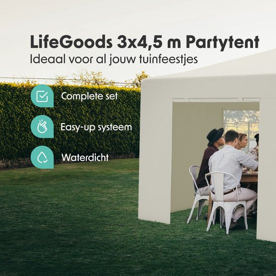LifeGoods - Partytent & Paviljoen - 3x4,5 m - Easy Up & Opvouwbaar - Waterdicht Met Zijwanden - Inclusief Draagtas Met Wieltjes - Polyester & Staal - Beige