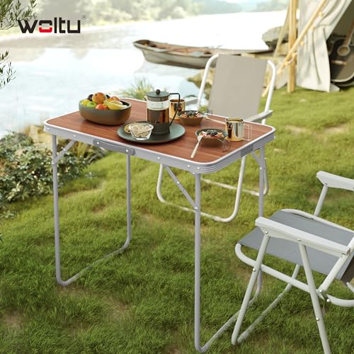 Woltu Campingtafel CPT8135ei - Lichtgewicht Opvouwbare Tafel van Aluminium en MDF - Eiken Kleur - 70 x 50 x 60 cm