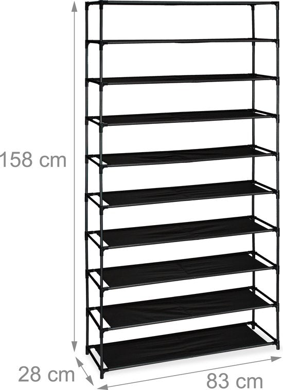 schoenenrek hoog - 10 lagen - metaal - stof - 83 cm breed - zwart