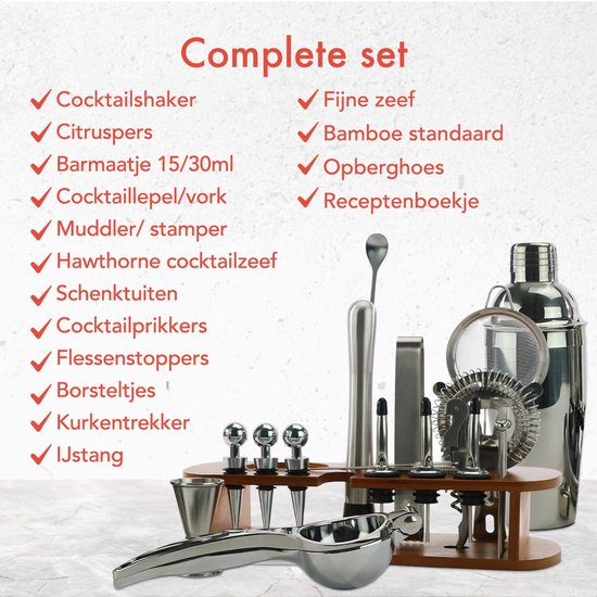 KitchenBrothers Cocktail Set - 25 delig - Inclusief Cocktail Shaker (750ml) - Compleet voor Cocktailbar - Donkerbruin/Bamboe - Cocktailset - BPA-Vrij - Met Receptenboekje - Cadeauverpakking